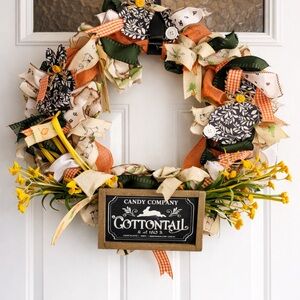 Handmade Easter Bunny Ribbon Wreath Farmhouse Spring Door Decor